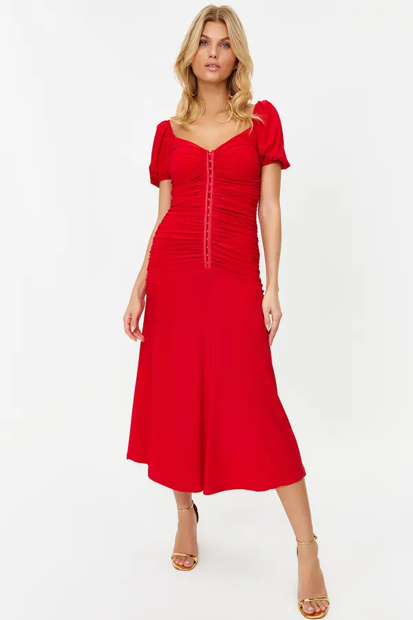 Trendyol Trendyol Red Fitted Snake Knitted Elegant Evening Dress