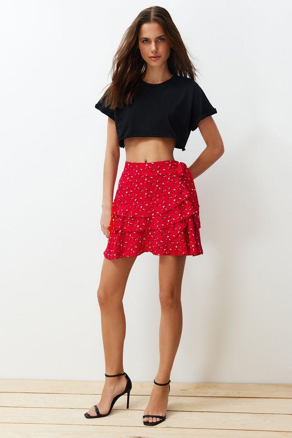 Trendyol Trendyol Red Floral Pattern Viscose Mini Short Skirt