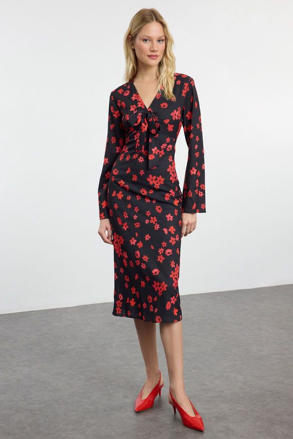 Trendyol Trendyol Red Floral Patterned A-Line Tie Detailed V-Neck Midi Satin Woven Dress