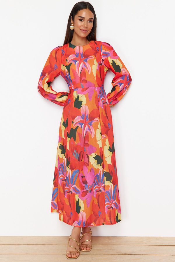 Trendyol Trendyol Red Floral Patterned Woven Linen Look Dress