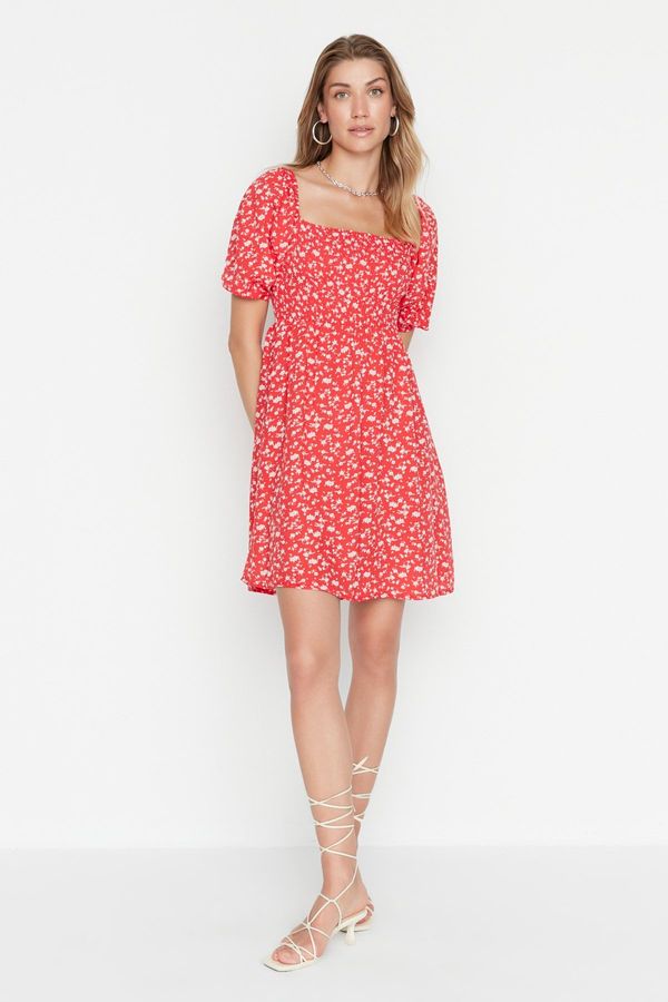 Trendyol Trendyol Red Floral Waist Gimped Viscose Mini Woven Dress