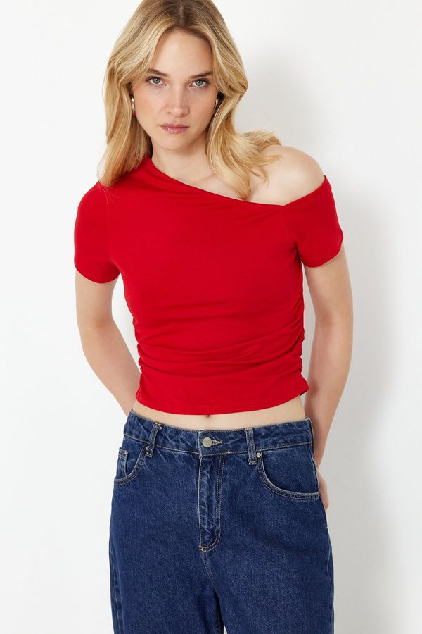 Trendyol Trendyol Red Gathered Asymmetrical Collar Stretchy Knitted Blouse