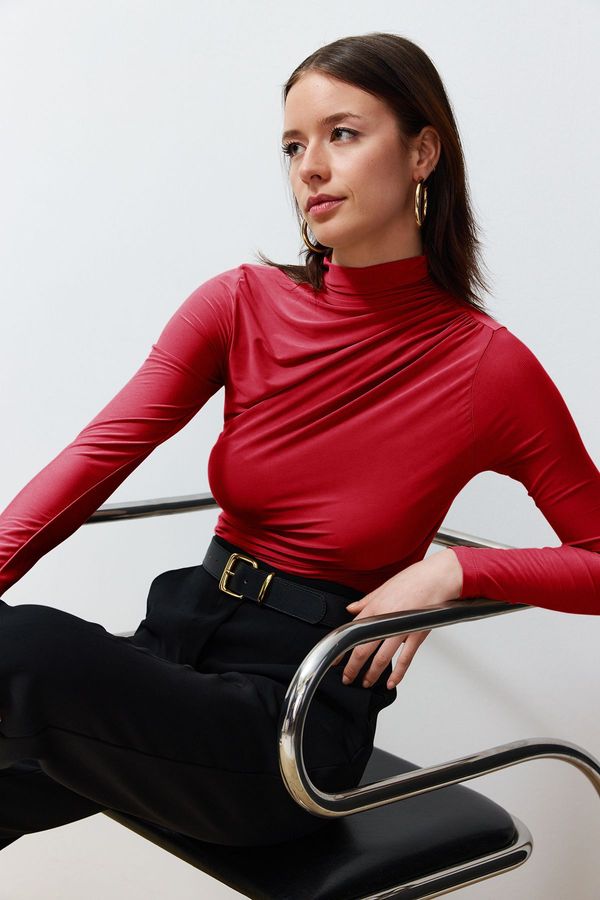 Trendyol Trendyol Red Gathered Square Neck Body-Smoothing Flexible Knitted Blouse