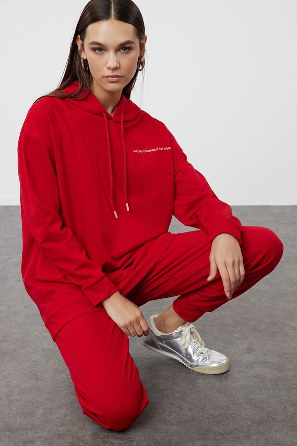 Trendyol Trendyol Red Hooded Knitted Tracksuit Set with Print Detail