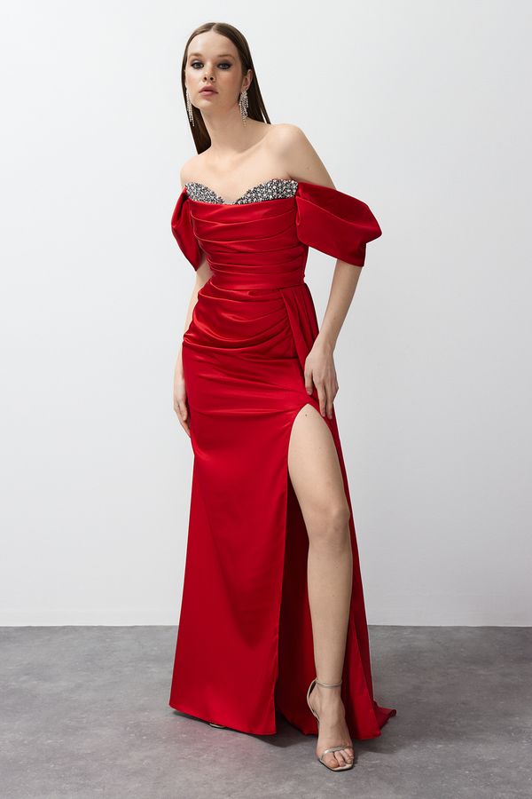 Trendyol Trendyol Red Low Sleeve Stone Accessory Detailed Long Woven Elegant Evening Dress