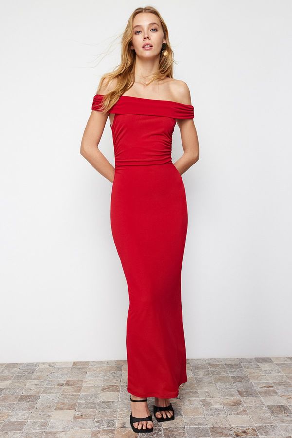 Trendyol Trendyol Red Maxi Fitted Carmen Neck Stretchy Knitted Maxi Dress
