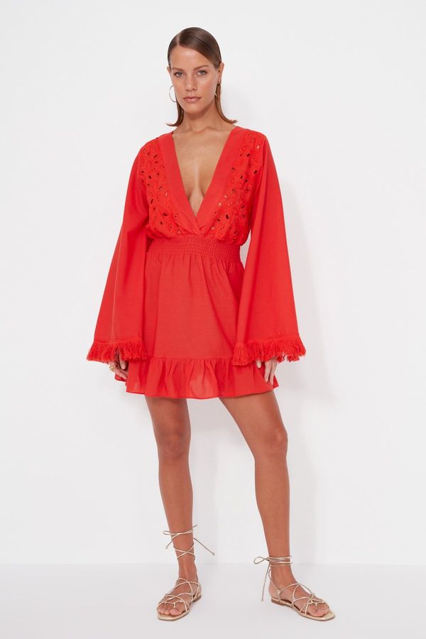 Trendyol Trendyol Red Mini tkana čipkasta obleka za plažo, 100% bombaž