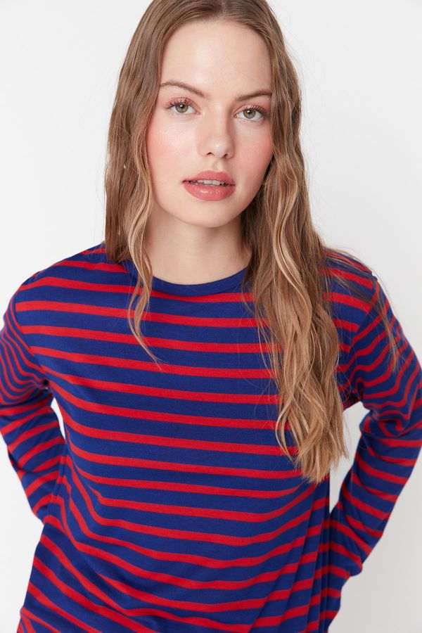 Trendyol Trendyol Red-Navy Blue Striped Regular/Normal Pattern Basic Crew Neck Knitted T-Shirt