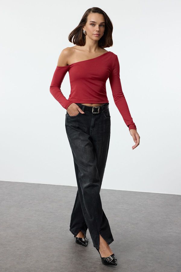 Trendyol Trendyol Red One Shoulder Cotton Slim Fit Crop Knitted Blouse