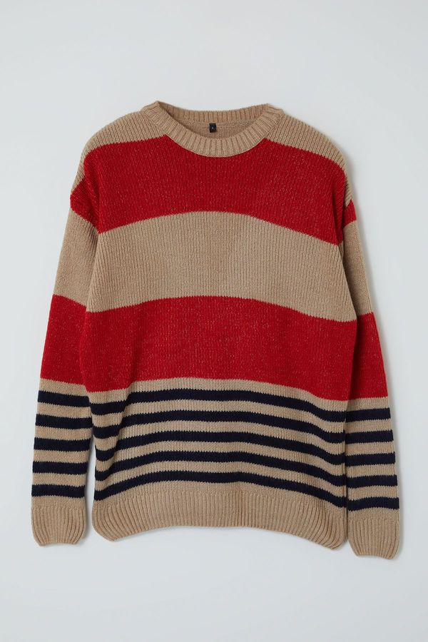 Trendyol Trendyol Red Oversize Crew Neck Striped Knitwear Sweater