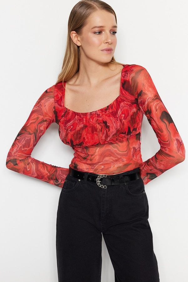 Trendyol Trendyol Red Patterned Sheer Back Fitted Crop Tulle Stretch Knitted Blouse