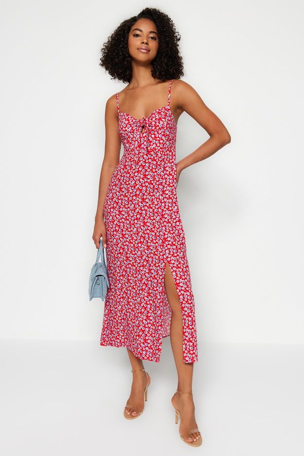 Trendyol Trendyol Red Patterned Tie Detailed Straps Sweetheart Neck Slit Midi Woven Dress