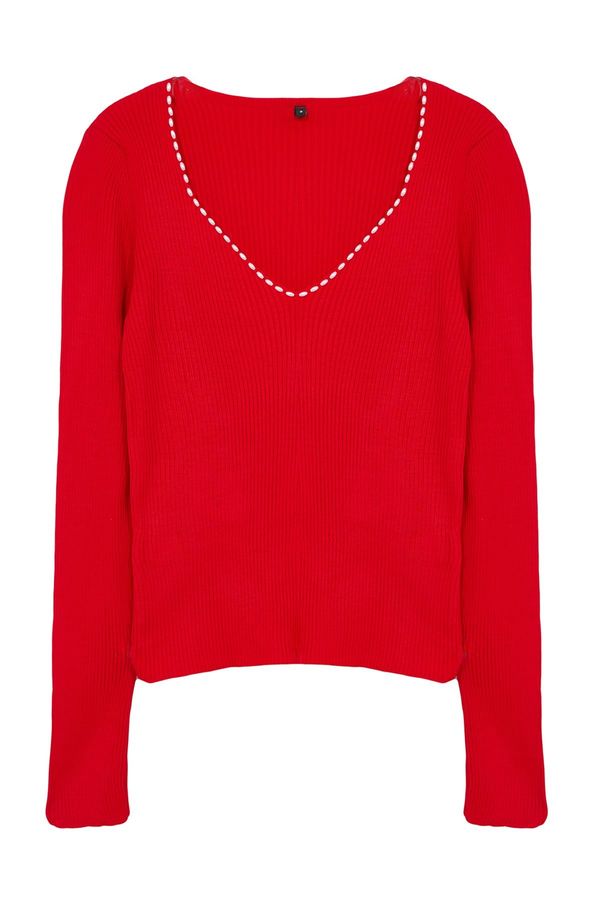 Trendyol Trendyol Red Pearl Detailed V-Neck Knitwear Sweater