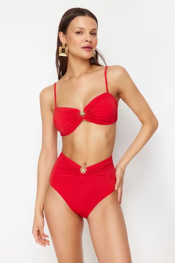 Trendyol Trendyol Red Premium Accessory High Waist Hipster Bikini Bottom
