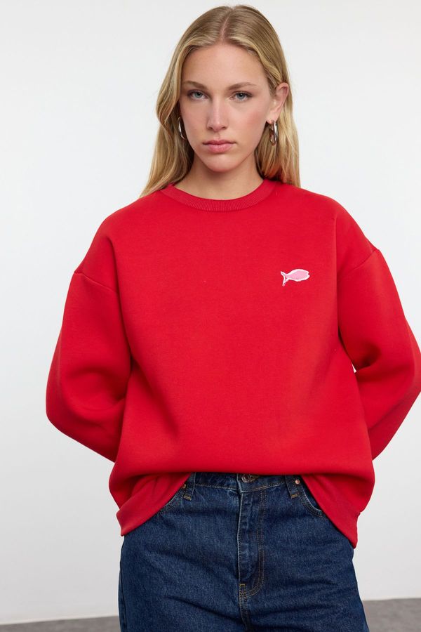 Trendyol Trendyol Red Printed Oversize Crew Neck Knitted Sweatshirt