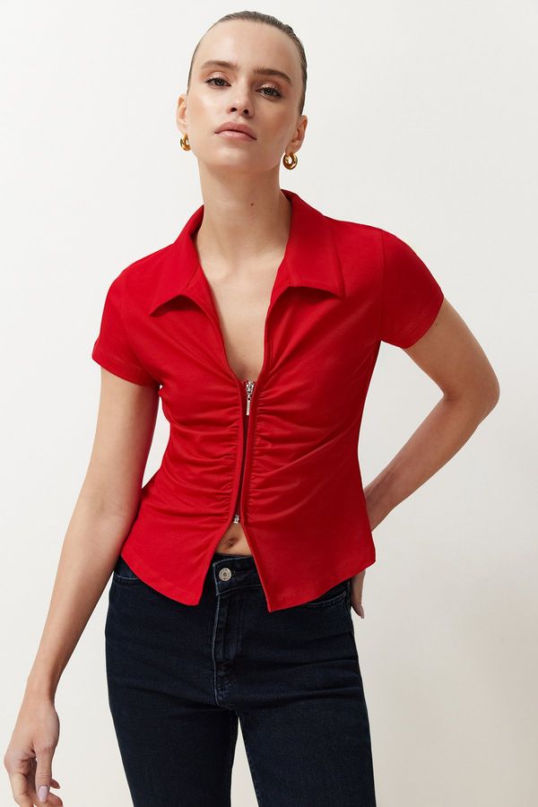 Trendyol Trendyol Red Regular/ Regular Polo Neck Gathered/Drape Detailed Zipper Knitted Blouse