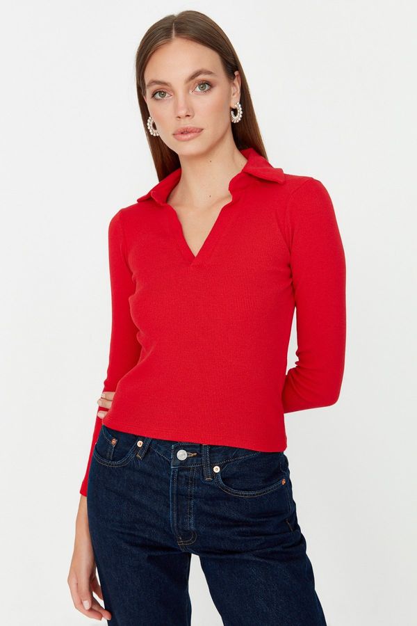 Trendyol Trendyol Red Ribbed Fitted Knitted Blouse