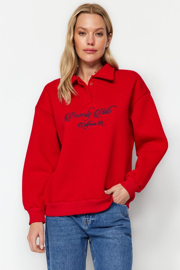 Trendyol Trendyol Red Shirt Collar Embroidered Regular Fit Fleece Inside Knitted Sweatshirt