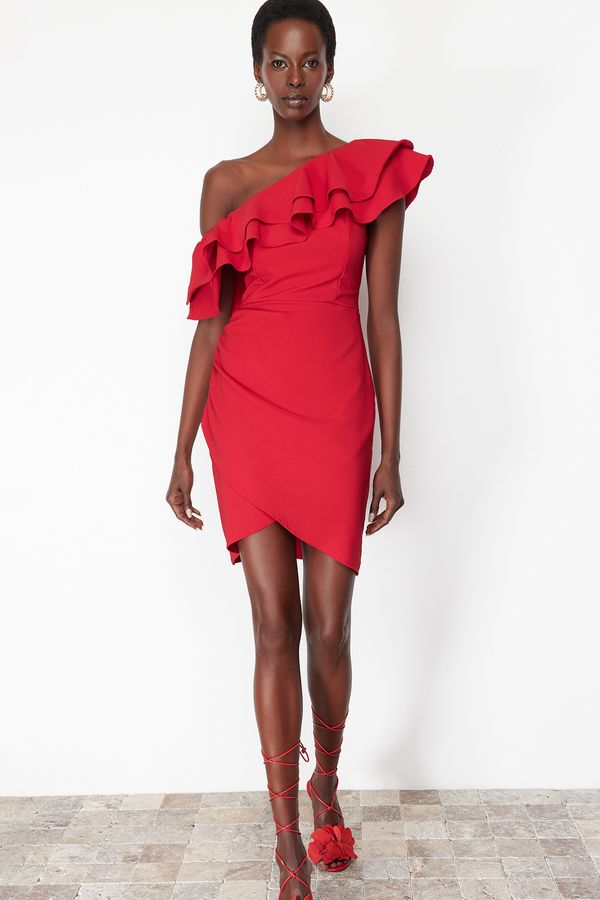Trendyol Trendyol Red Single Sleeve Frilly Elegant Evening Dress