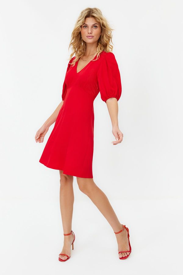 Trendyol Trendyol Red Skirt Flounced Balloon Sleeve Woven Dress