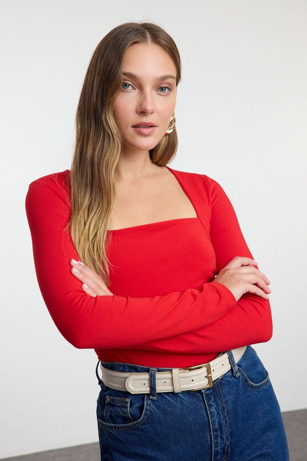 Trendyol Trendyol Red Square Neck Gather/Drape Detailed Slim/Fitting Knitted Blouse