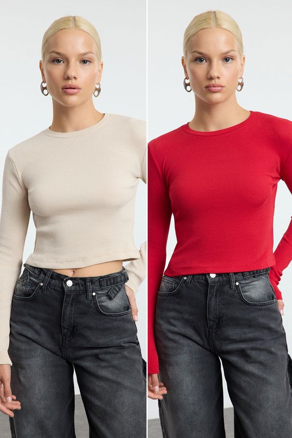 Trendyol Trendyol Red-stone 2 Pack Fitted Crew Neck Ribbed Crop Stretchy Knitted Blouse