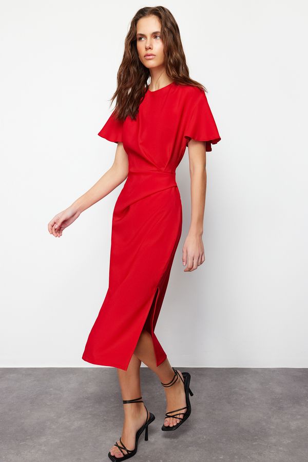 Trendyol Trendyol Red Straight Cut Gathered Midi Woven Dress