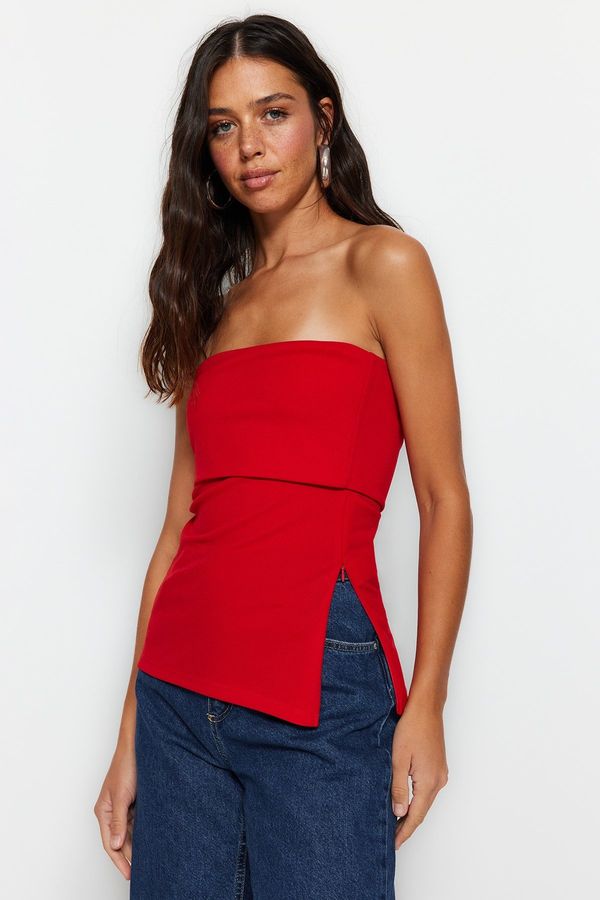 Trendyol Trendyol Red Strapless Neck Side Zipper Crepe Knitted Blouse