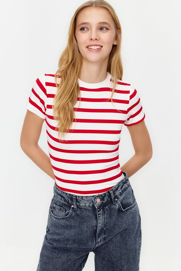 Trendyol Trendyol Red Striped Viscose/Soft Fabric Body-Fitting Stretch Knitted Blouse