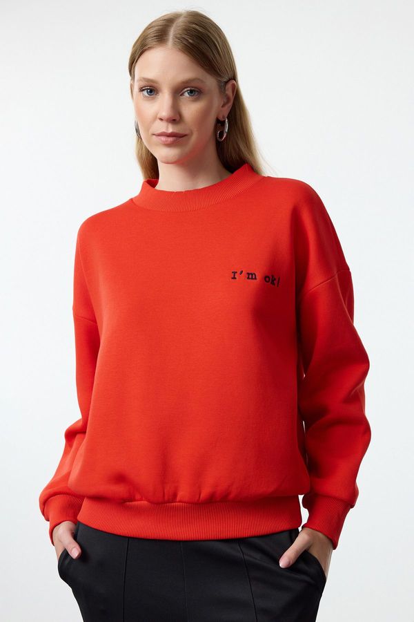 Trendyol Trendyol Red Thick Inside Fleece Regular/Normal Fit Slogan Embroidered Knitted Sweatshirt