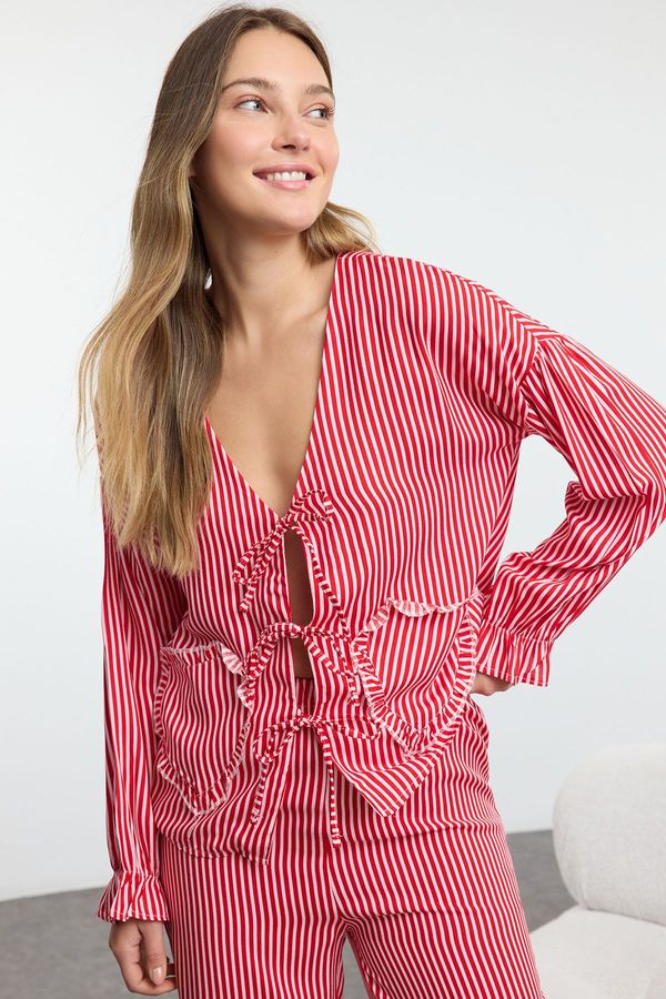 Trendyol Trendyol Red Tie Detailed Striped Viscose Woven Pajama Set