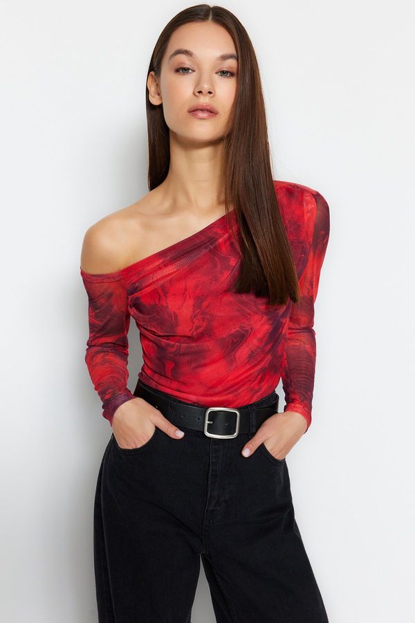 Trendyol Trendyol Red Tulle Lined Asymmetrical Collar Knitted Blouse