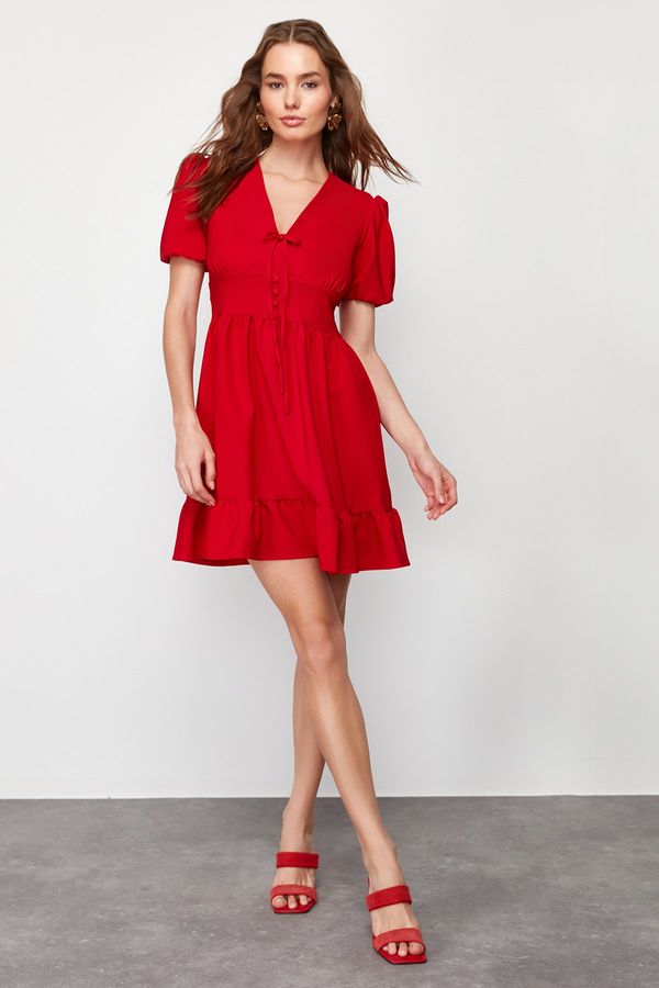 Trendyol Trendyol Red Waist Opening V-Neck Bow Detailed Woven Mini Dress