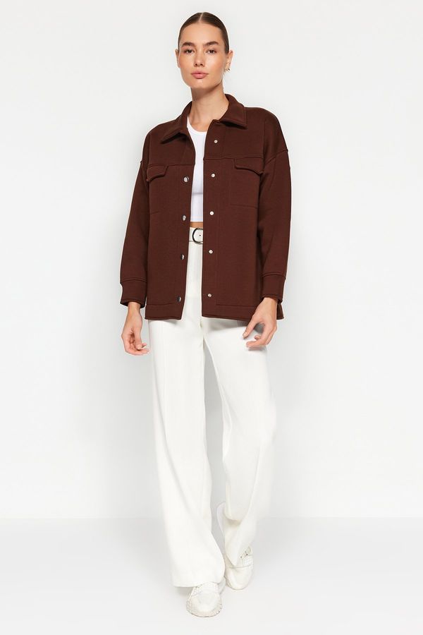 Trendyol Trendyol rjava prevelika / široko prilegajoča polo jakna z žepi in gumbi, flis notranja pletena jakna