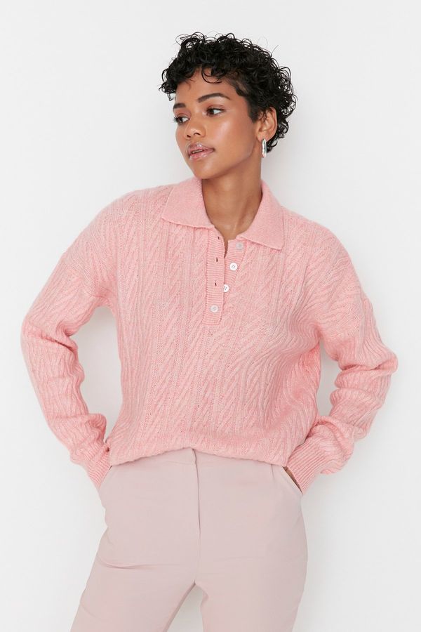 Trendyol Trendyol roza široko prilegajoč se mehki teksturirani pulover za pletenine