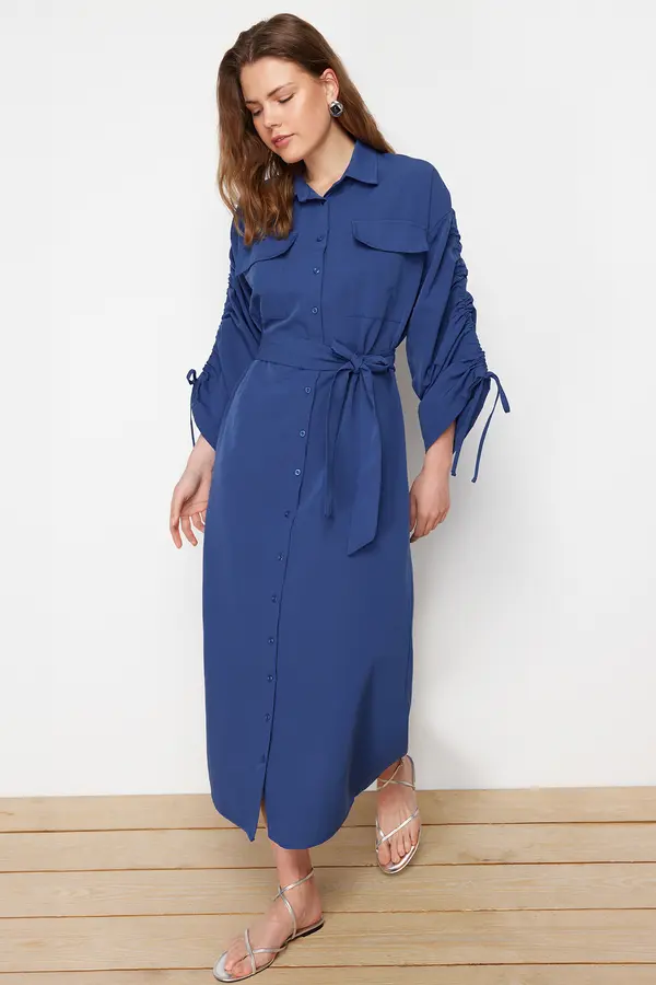Trendyol Trendyol Saks Belted Cotton Woven Shirt Dress with Adjustable Sleeves Detail