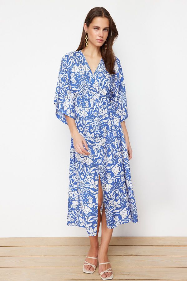 Trendyol Trendyol Saks Floral Print A-line Double-breasted Collar Midi Woven Dress