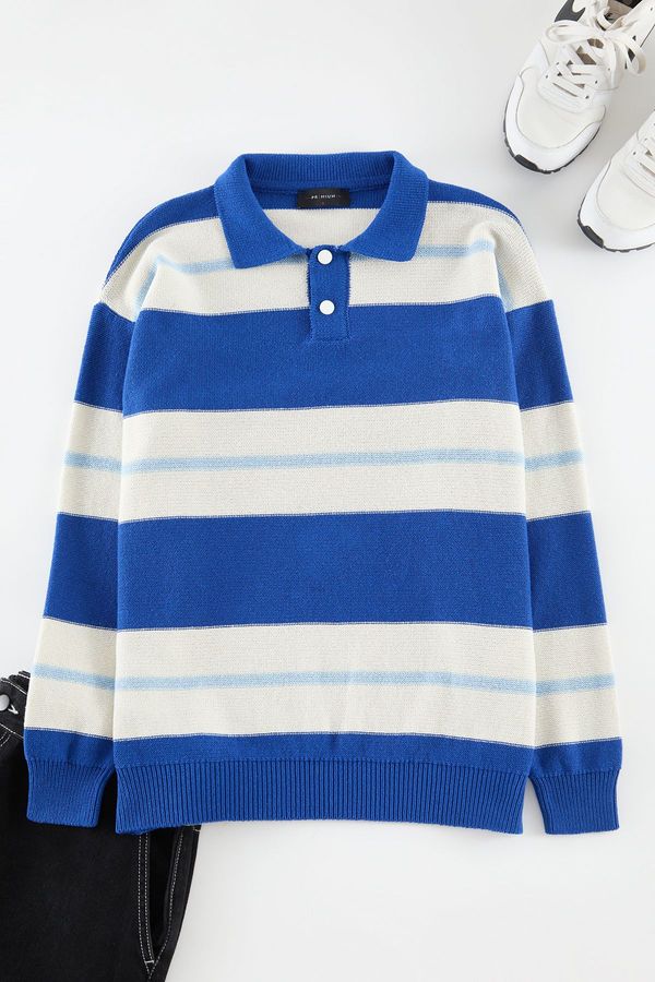 Trendyol Trendyol Saks Oversize Polo Collar Striped Knitwear Sweater