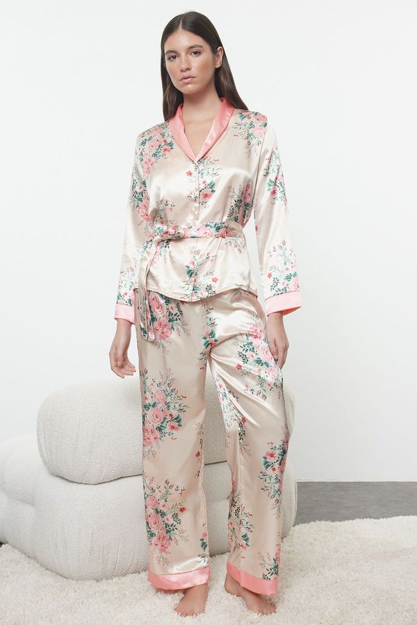 Trendyol Trendyol Salmon-Multicolored Belted Floral Satin Woven Pajama Set