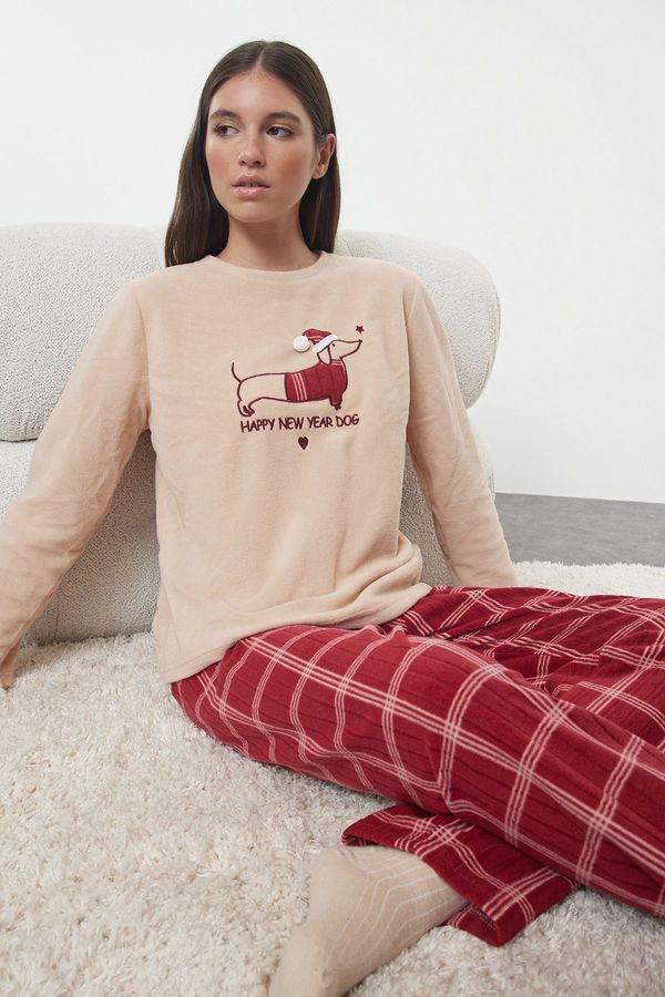 Trendyol Trendyol Salmon Plaid Christmas Themed Polar Fleece Knitted Pajamas Set