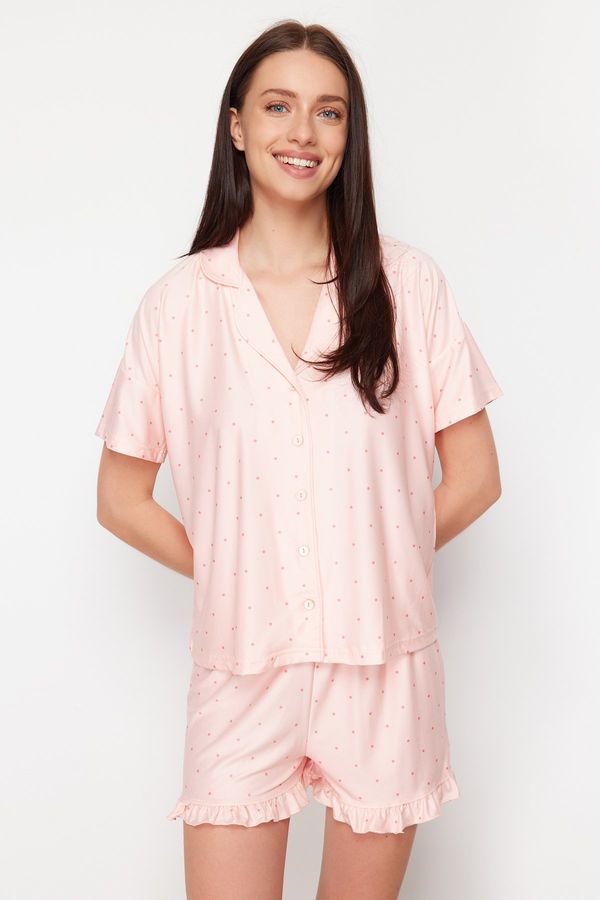Trendyol Trendyol Salmon Polka Dot Frill Detailed Knitted Pajamas Set