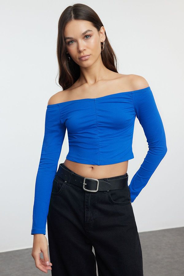 Trendyol Trendyol Sax Ruffle/Drape Detailed Carmen Collar Crop/Short Fitted/Closed Knitted Blouse