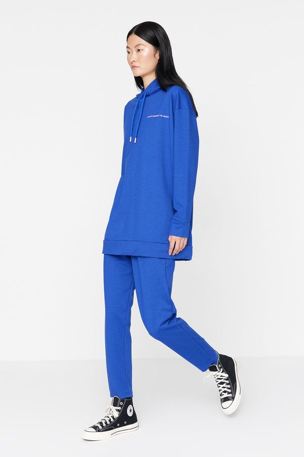 Trendyol Trendyol Saxe Blue Hoodie With Print Detailed Knitted Tracksuit Set