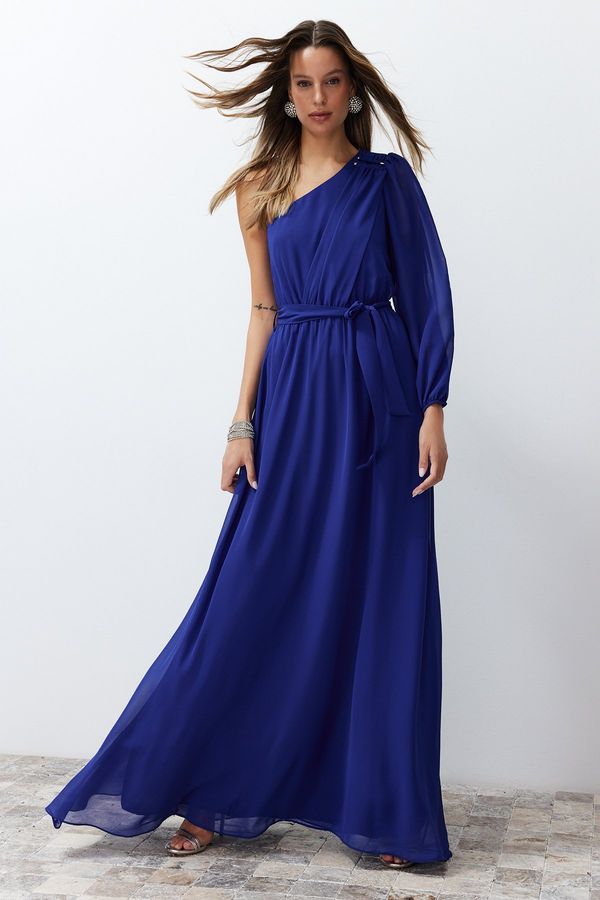 Trendyol Trendyol Saxe Blue One Sleeve Accessory Chiffon Long Evening Dress