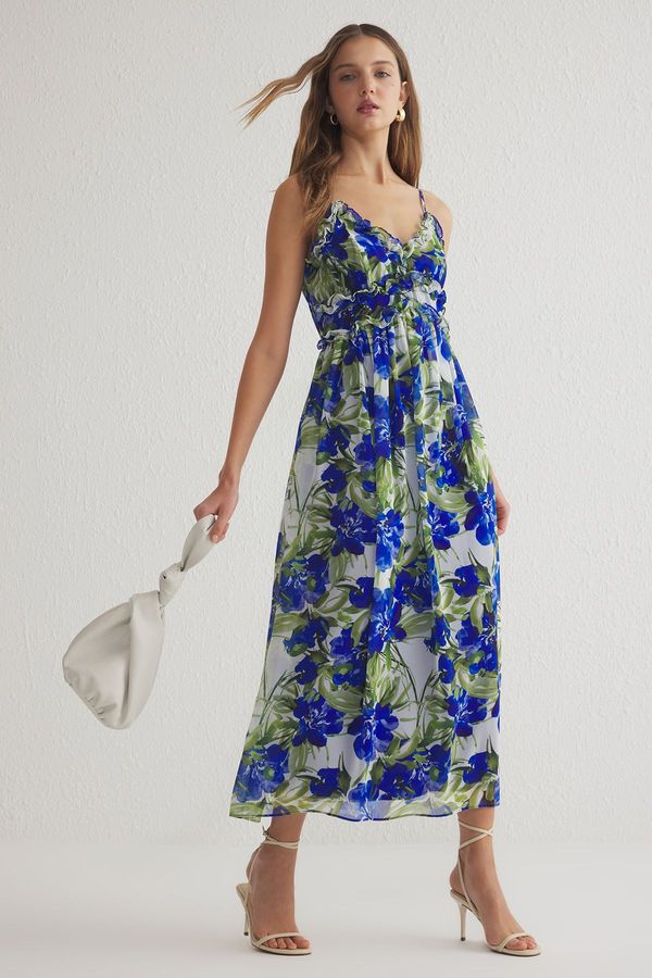 Trendyol Trendyol Saxe Floral Ruffle Maxi Chiffon Woven Dress