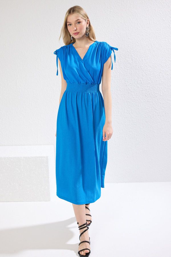 Trendyol Trendyol Saxe Plain Zero Sleeve Double Breasted Skater/Waist Opening Gathered Flexible Midi Dress Knit