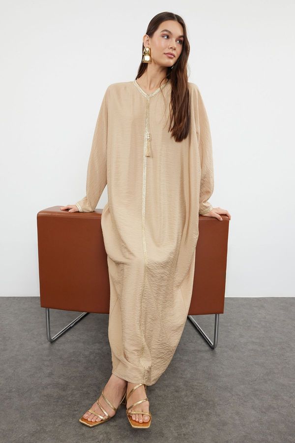 Trendyol Trendyol Shiny Piping Detailed Woven Kaftan Dress with Beige Accessories