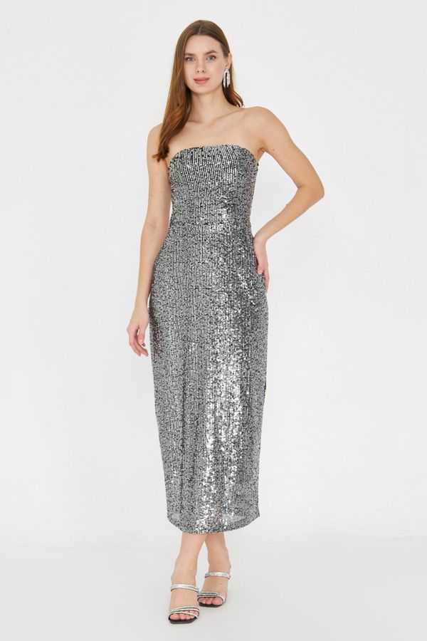 Trendyol Trendyol Silver Bodycon Strapless Sequin Elegant Evening Dress