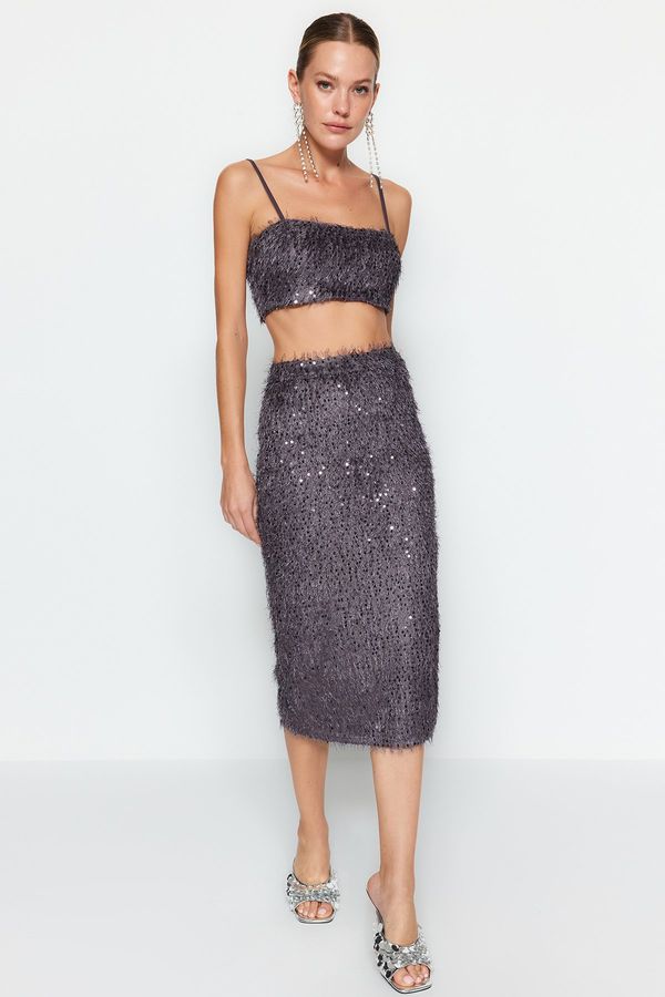 Trendyol Trendyol Silver Fringed Sequin Midi Skirt