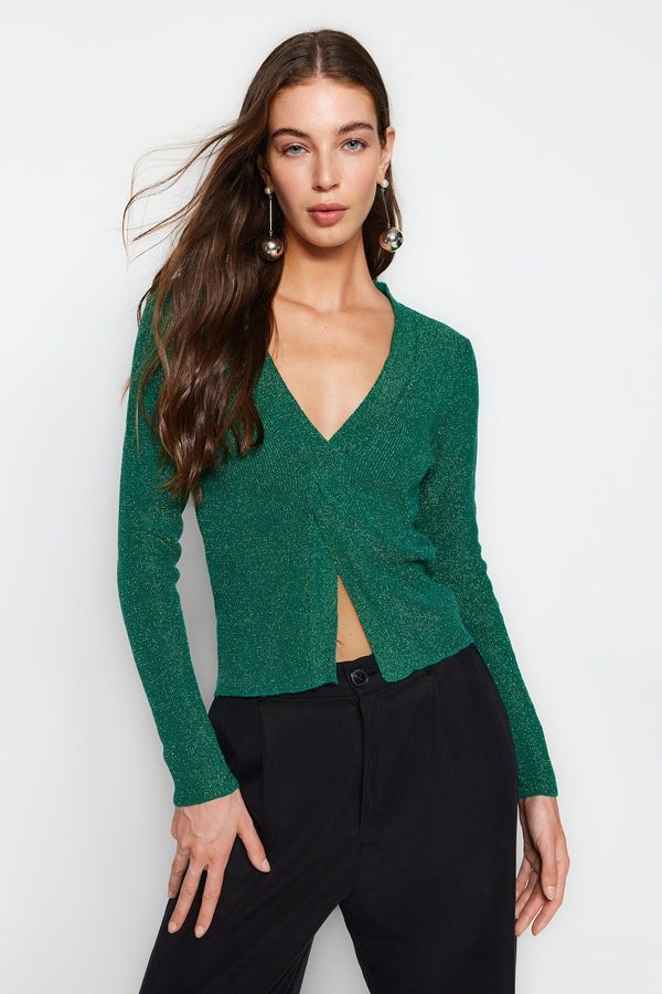 Trendyol Trendyol smaragdno zelena mehka teksturirana bleščeča reža Podroben pulover za pletenine